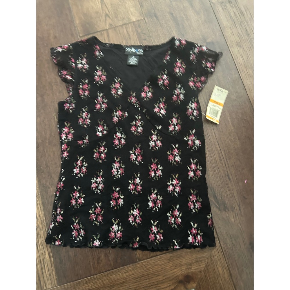 Deadstock babydoll Small Black Floral Mesh V-Neck Flutter Sleeve Top NWT
